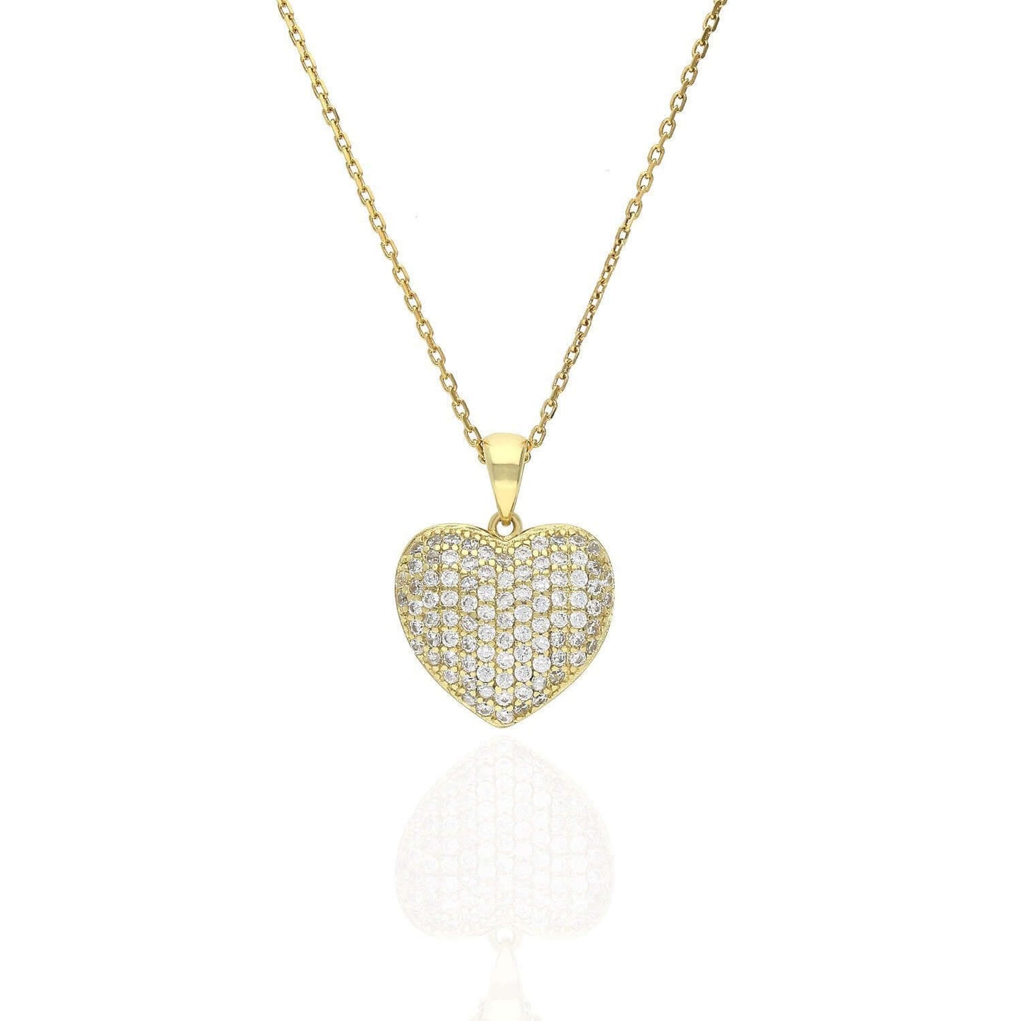 1Ct CZ Puffed Heart Pendant Necklace 18" Yellow Gold Tone Silver