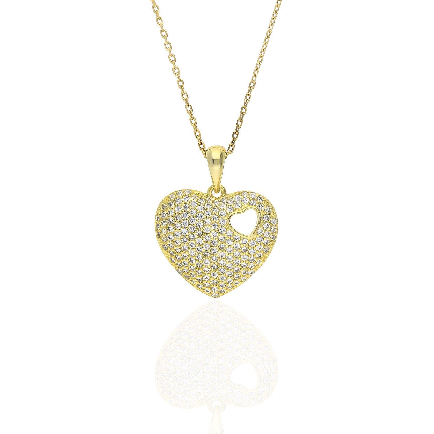 1Ct Created White Sapphire Puffed Heart Pendant Necklace 18"- Gold Tone Silver