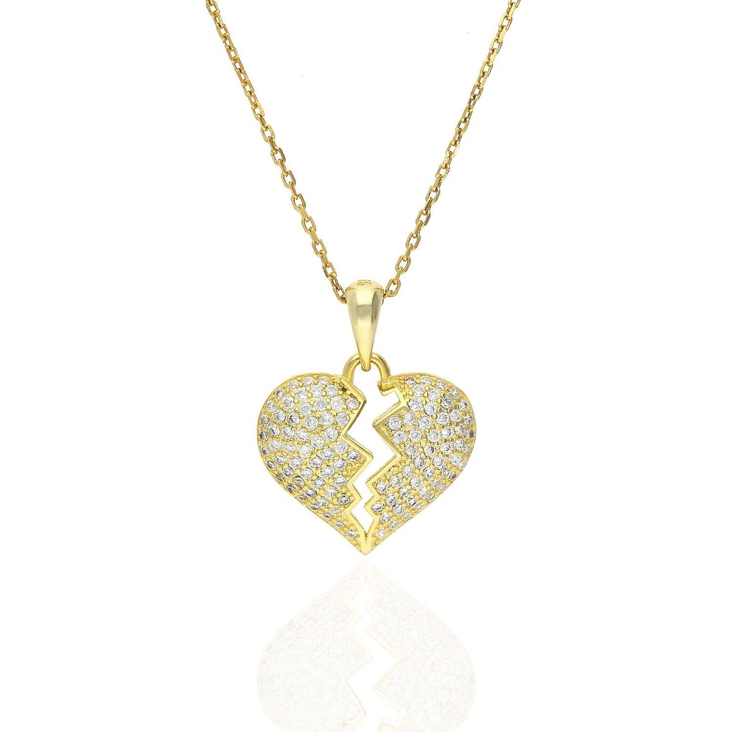 Yellow Gold Over Silver Created White Sapphire Broken Heart Pendant Necklace 18"