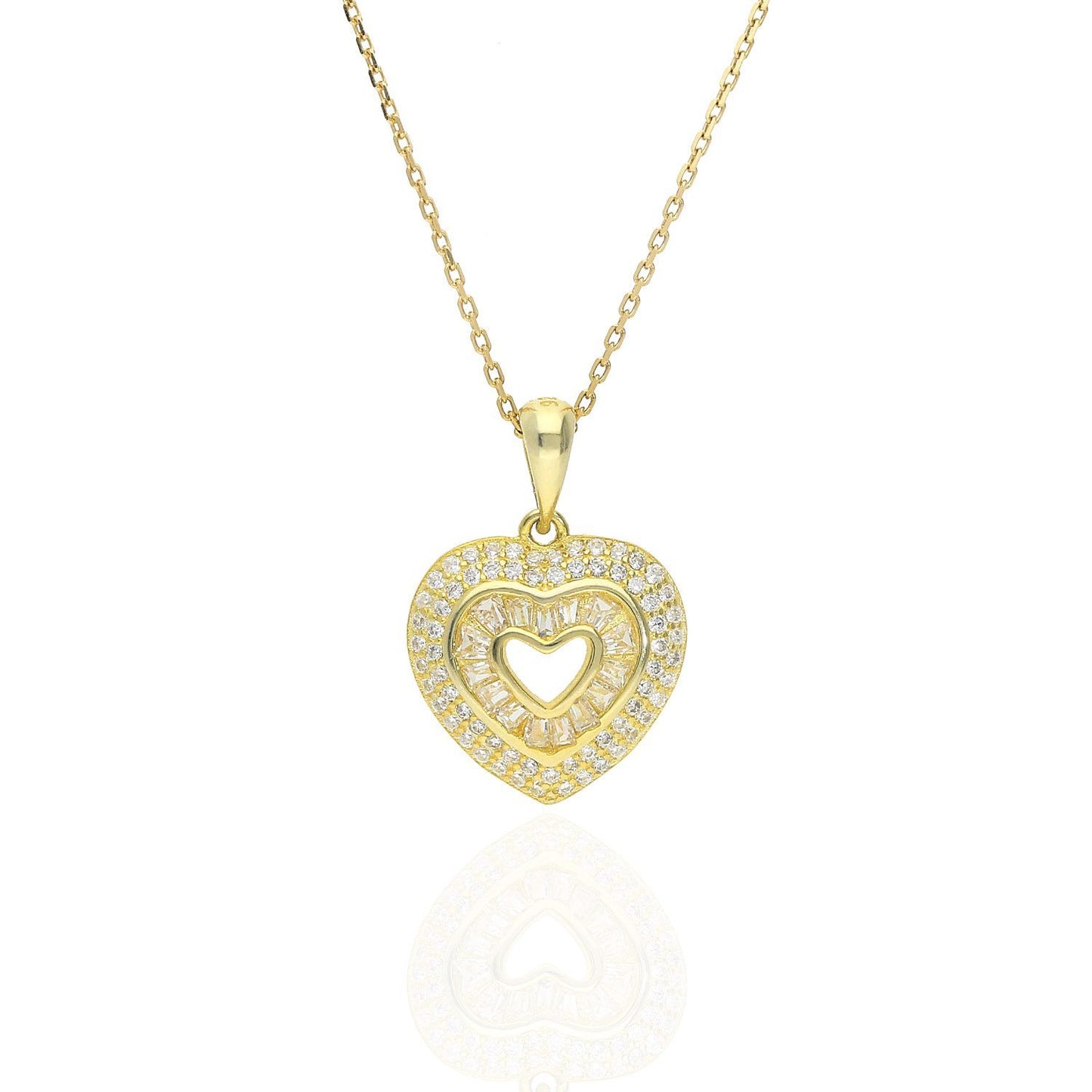 Yellow Gold Tone Silver Double Layer 0.85Ct CZ Heart Necklace 18"