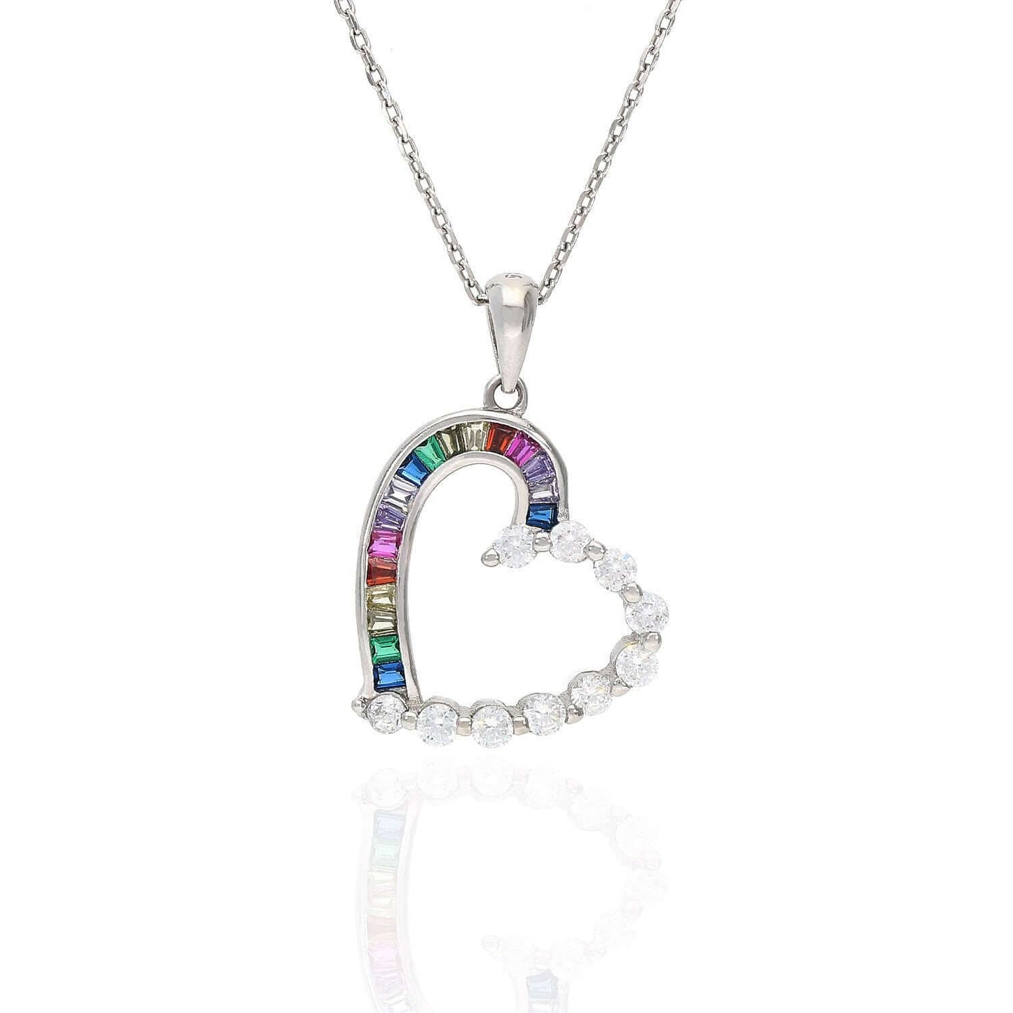 Sterling Silver Necklace w/ Rainbow Multi Color CZ Stones Open Heart Pendant 18"