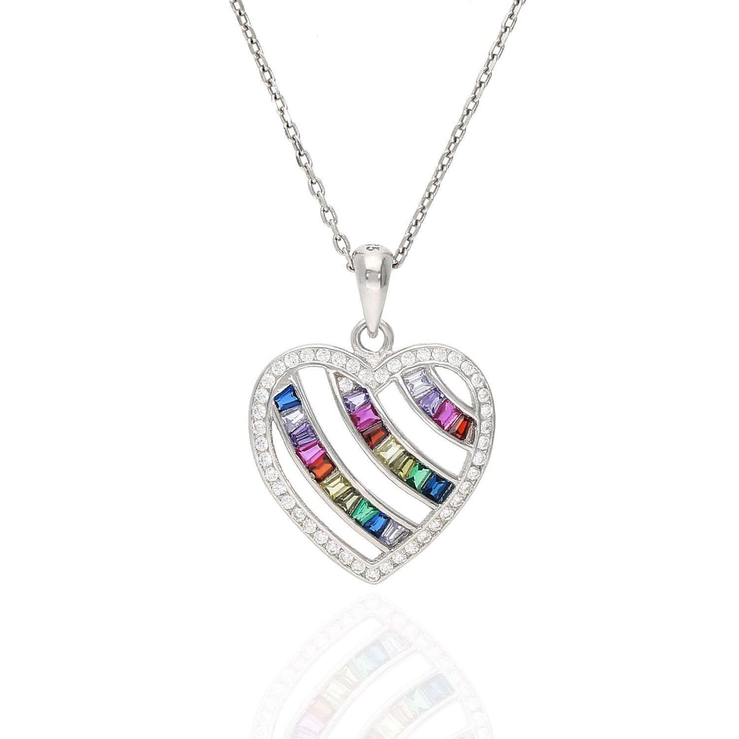 Sterling Silver Rainbow MultiColor Baguette Invisible CZ Heart Pendant Necklace 18"
