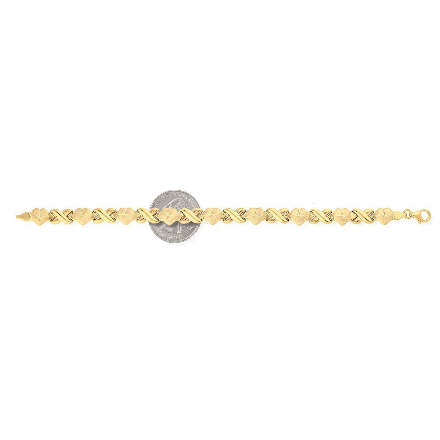 14K Yellow Gold Over Sterling Silver Hearts Kisses XO Bracelet (Hollow) 7.5"