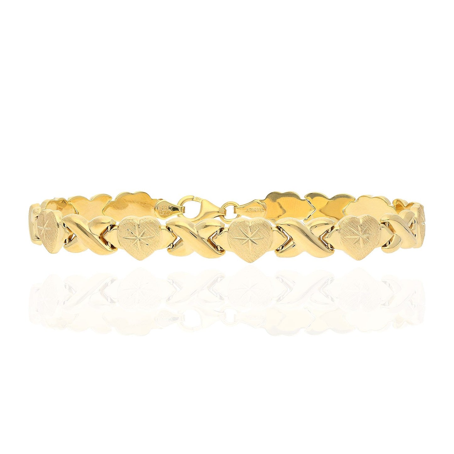 14K Yellow Gold Over Sterling Silver Heart & Kisses XO Bracelet 7.5"