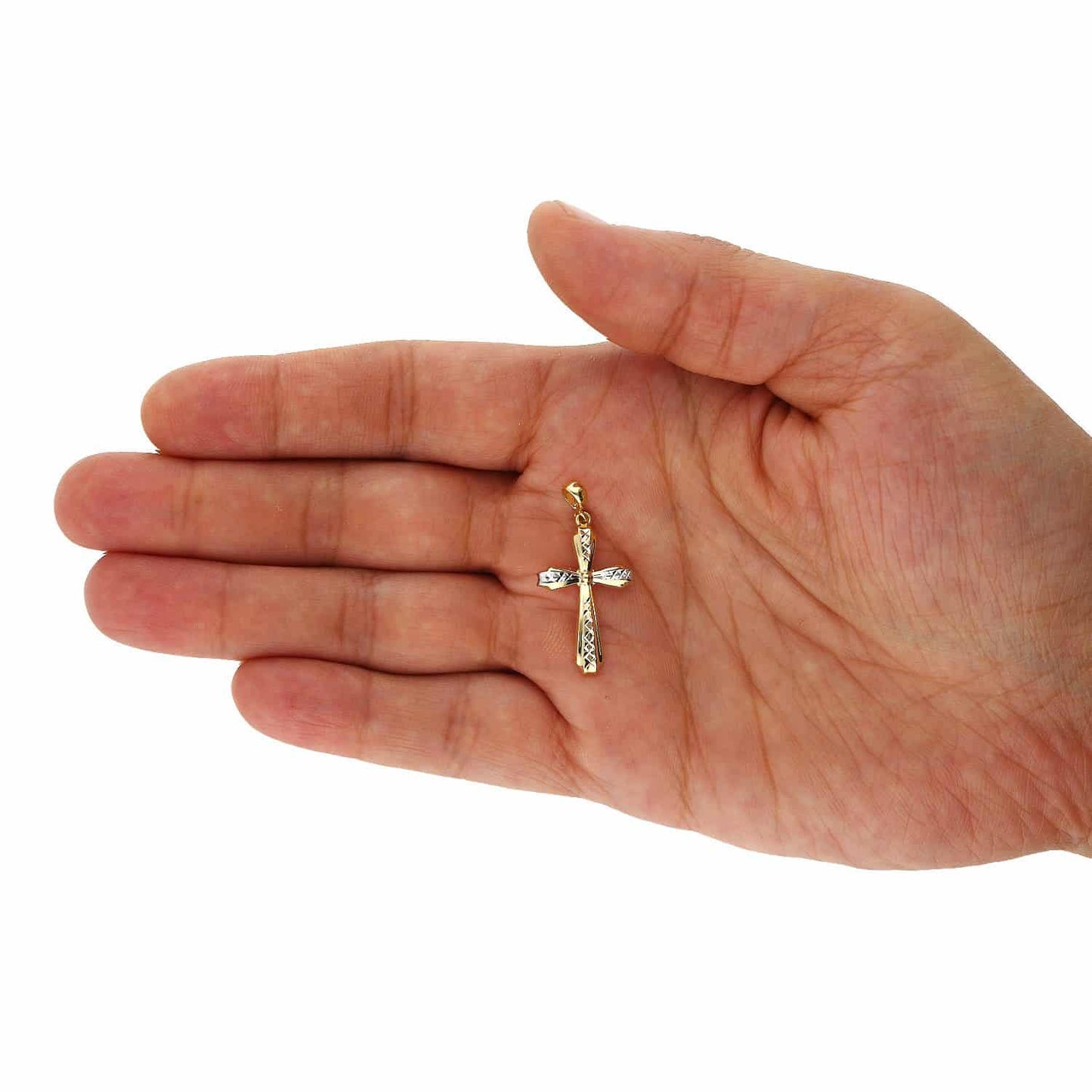 14K Yellow Gold Two-Tone Diamond Cut Religious Cross Pendant 1.5"