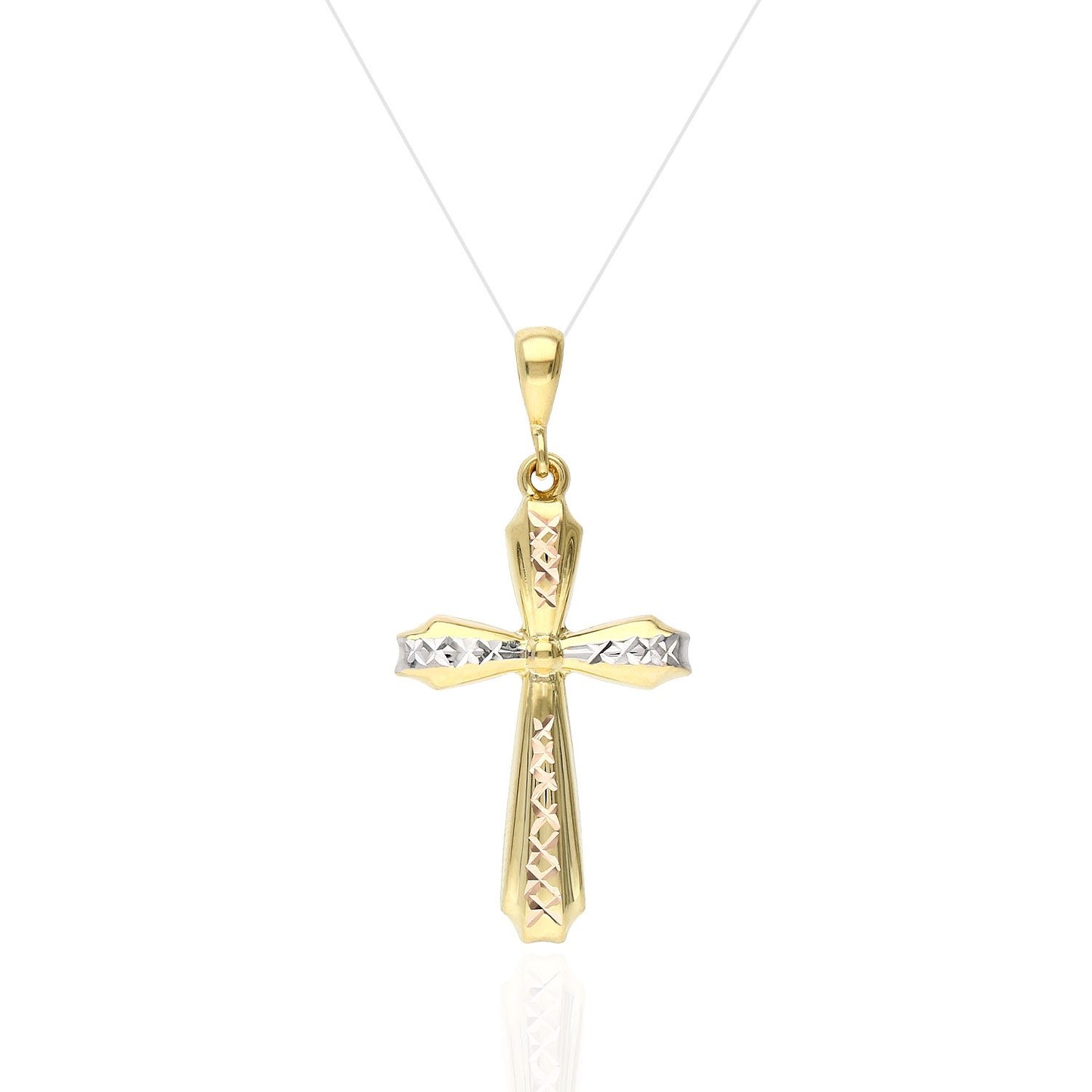 14K Yellow Gold Two-Tone Diamond Cut Religious Cross Pendant 1.5"