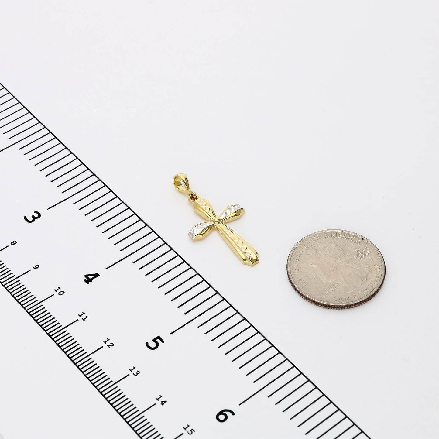 14K Yellow Gold Two-Tone Diamond Cut Religious Cross Pendant 1.5"