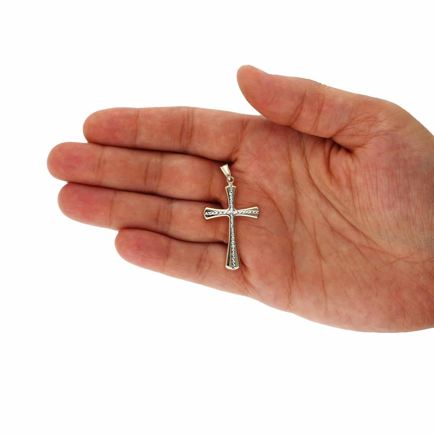 14K Two-Tone Yellow Gold Diamond Cut Religious Cross Pendant 1.7"