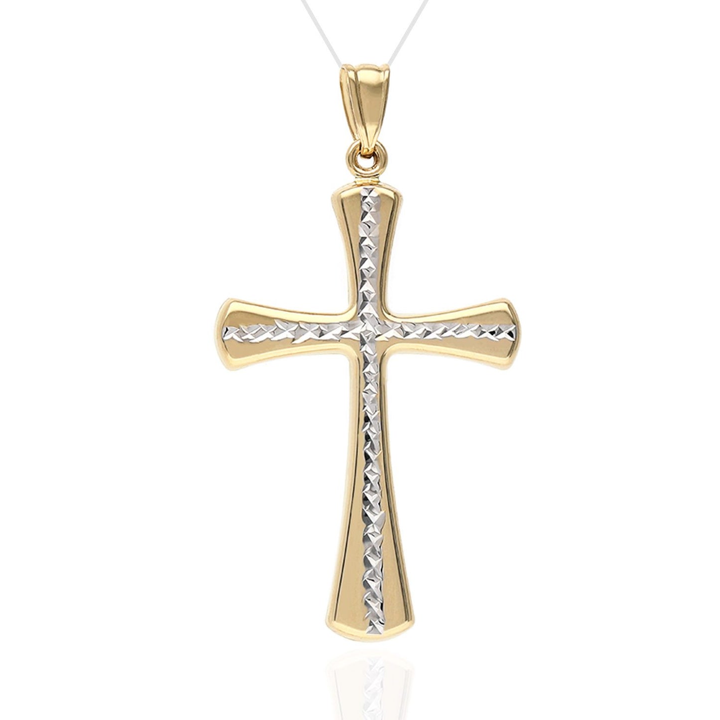 14K Two-Tone Yellow Gold Diamond Cut Religious Cross Pendant 1.7"