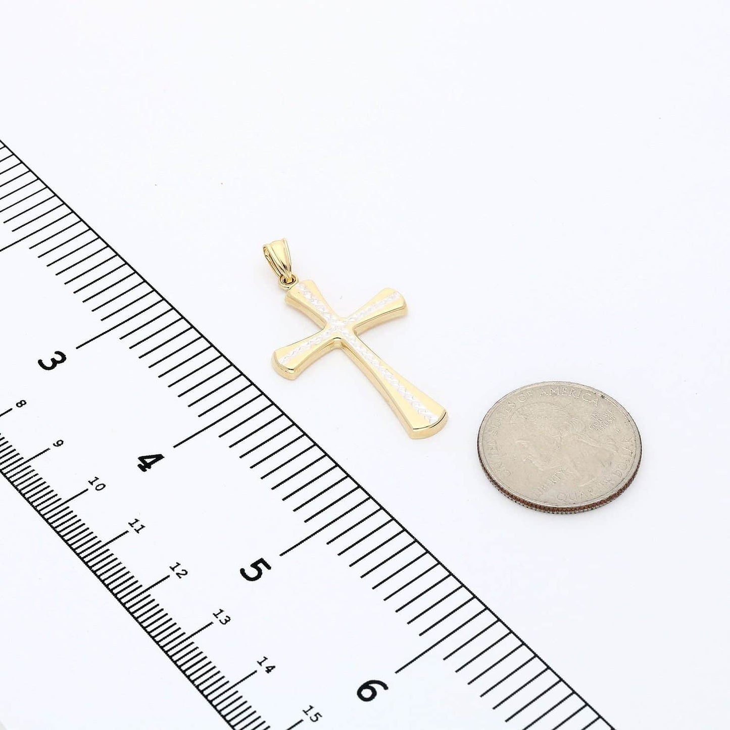 14K Two-Tone Yellow Gold Diamond Cut Religious Cross Pendant 1.7"