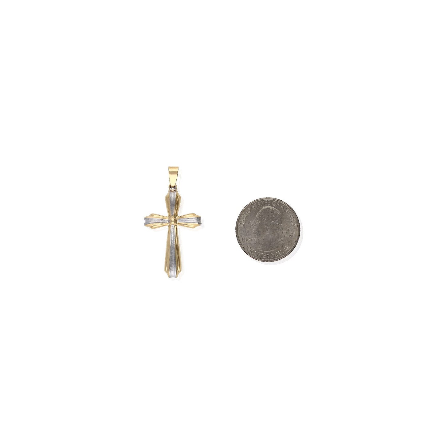 14K Yellow And White Gold Satin Finish Religious Cross Pendant 1.65"