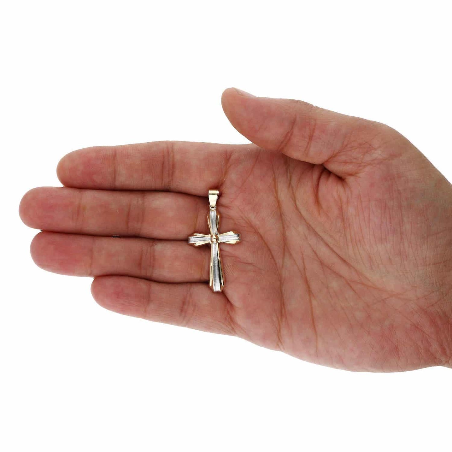 14K Yellow And White Gold Satin Finish Religious Cross Pendant 1.65"