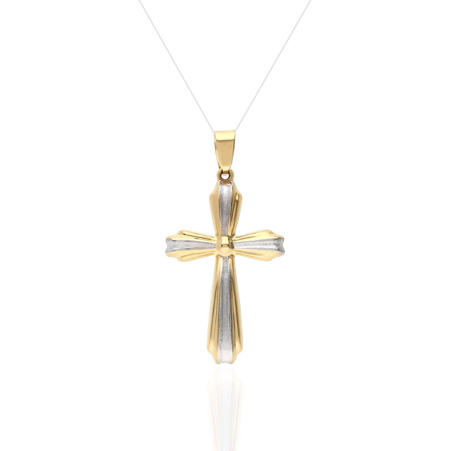 14K Yellow And White Gold Satin Finish Religious Cross Pendant 1.65"