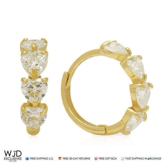 1.80Ct Created Heart Shape Diamond Huggie Hoop Earrings 14K Yellow Gold 0.5"