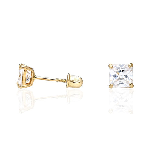 1Ct White CZ Princess-Cut 14K Yellow Gold Solitaire Stud Earrings