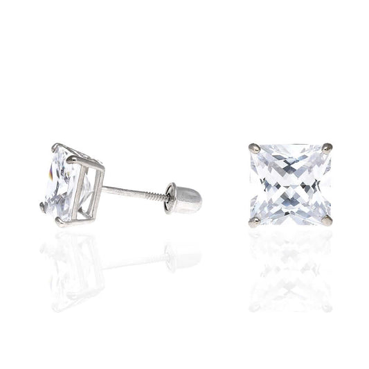 0.80-6CTW CZ 14K White Gold Princess-Cut Screw Back Stud Earrings
