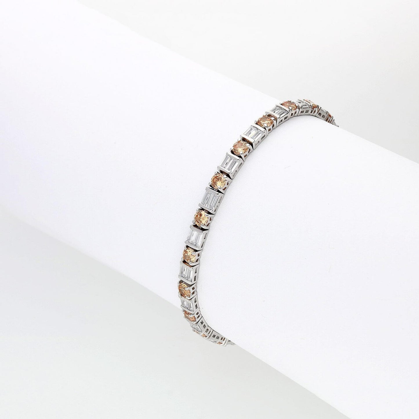 10.25CTW CZ Cognac & White Baguette Round Sterling Silver Tennis Bracelet 7.5"
