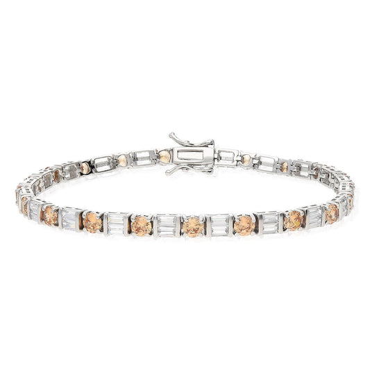 10.25CTW CZ Cognac & White Baguette Round Sterling Silver Tennis Bracelet 7.5"