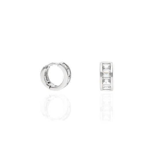 925 Sterling Silver Emerald-Cut CZ 12mm Huggie Hoop Earrings