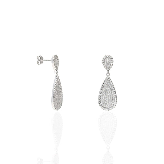 Sterling Silver CZ Pave Teardrop Drop Earrings