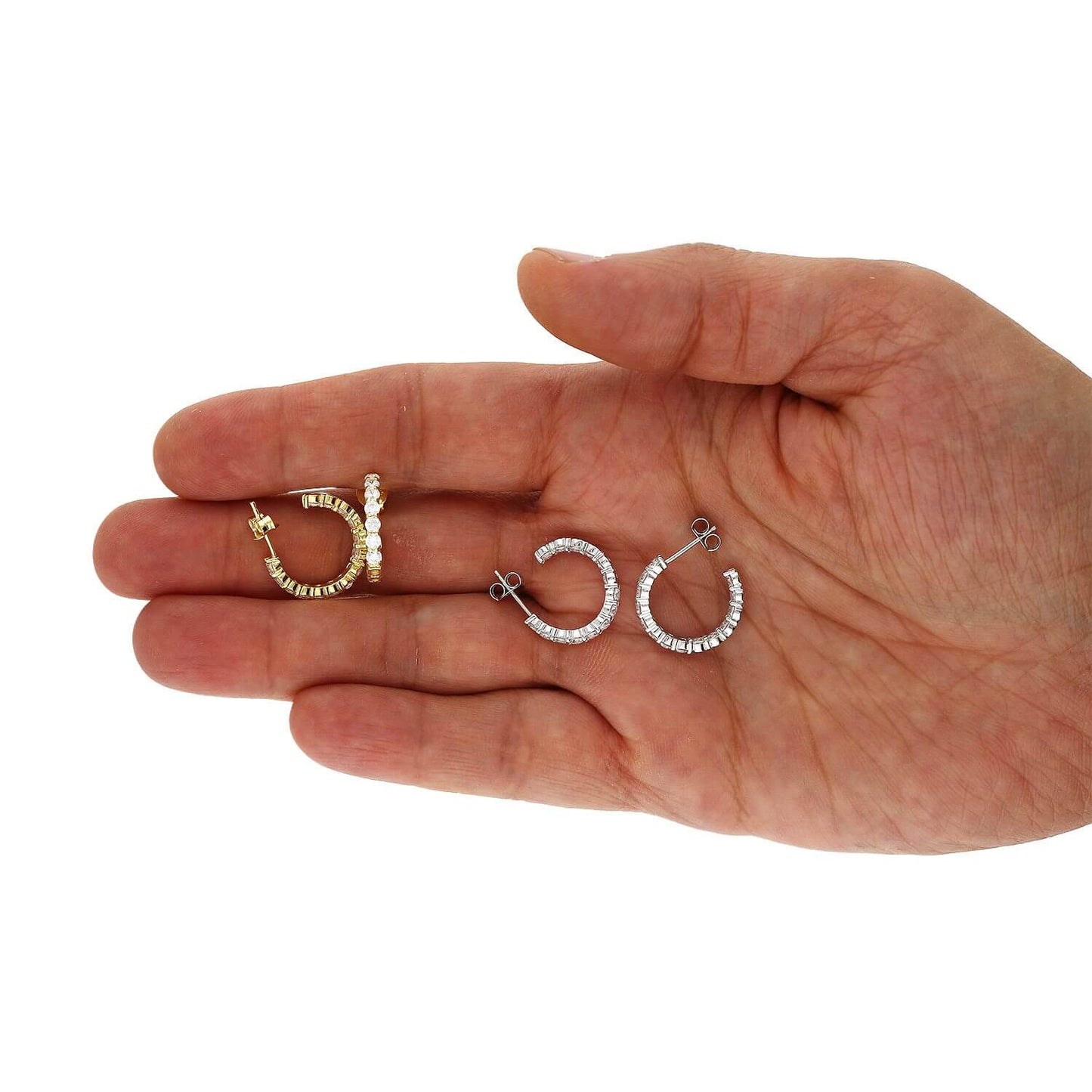 Yellow White Gold Over 925 Silver Inside Outside CZ Stud Hoop Earrings