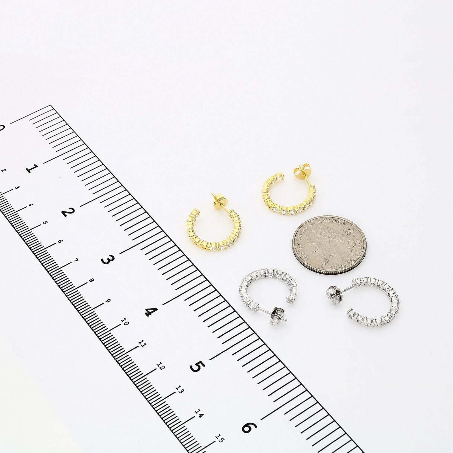 Yellow White Gold Over 925 Silver Inside Outside CZ Stud Hoop Earrings
