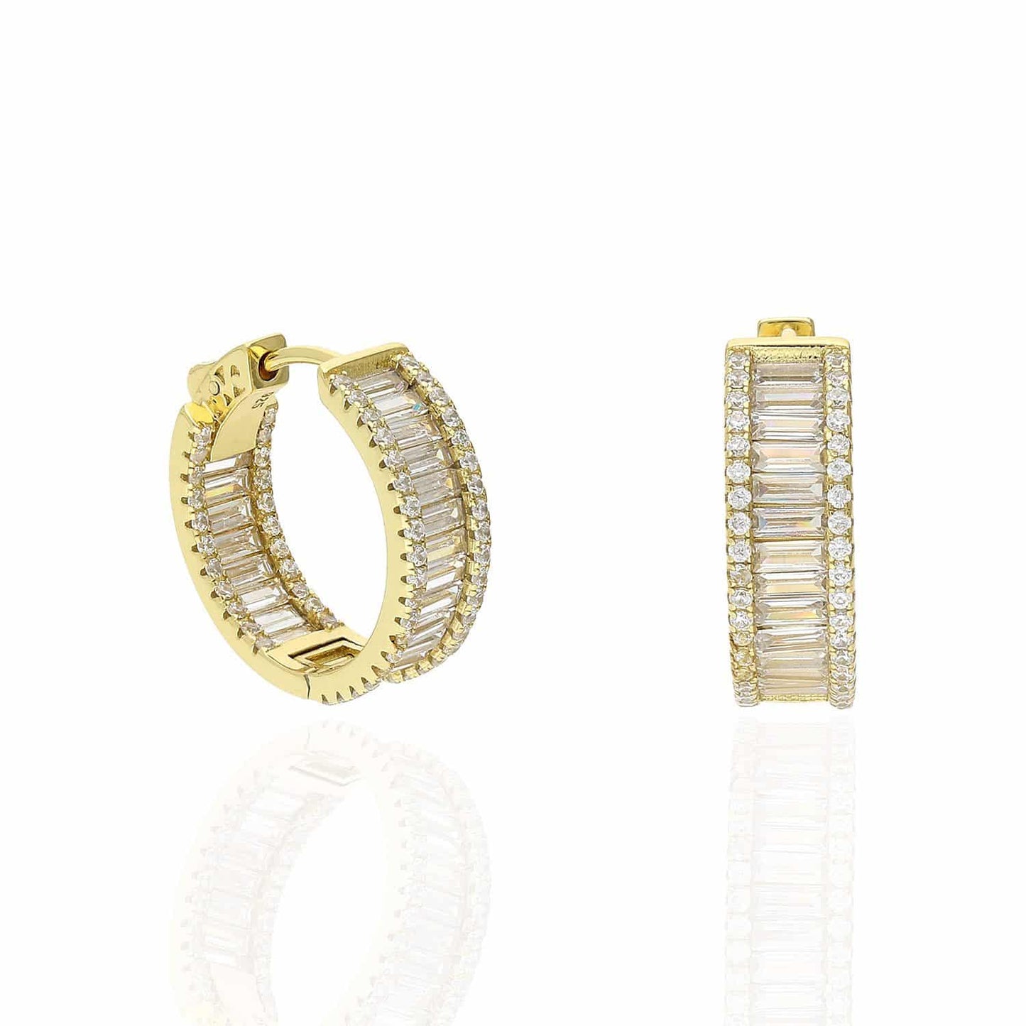 Yellow White Gold Over Silver Inside Out Baguette Round CZ Huggie Hoop Earrings