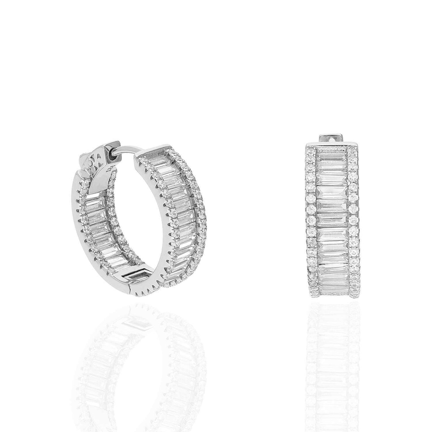 Yellow White Gold Over Silver Inside Out Baguette Round CZ Huggie Hoop Earrings