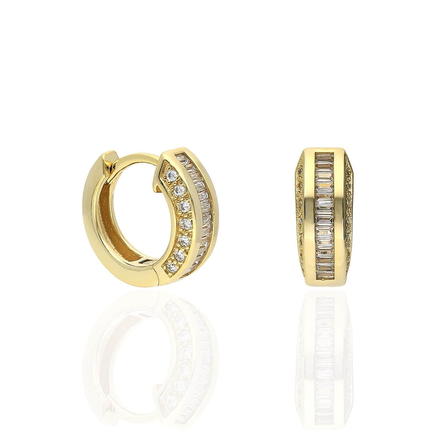 Yellow White Gold Over Silver Channel Baguette Round CZ Huggie Hoop Earrings