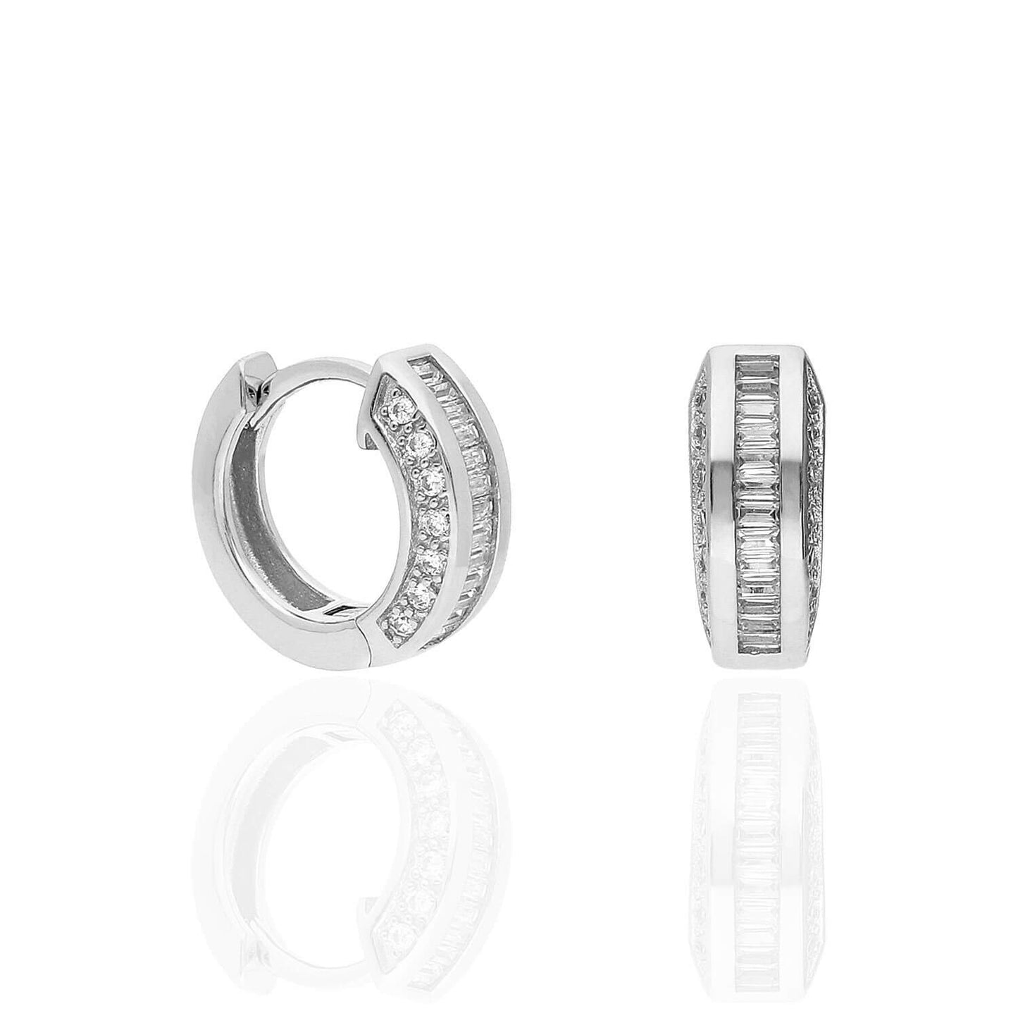 Yellow White Gold Over Silver Channel Baguette Round CZ Huggie Hoop Earrings