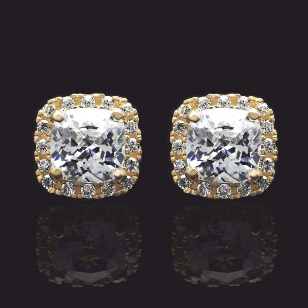14K Yellow Gold 1.85Ct Cushion CZ Halo Stud Earrings 7mm