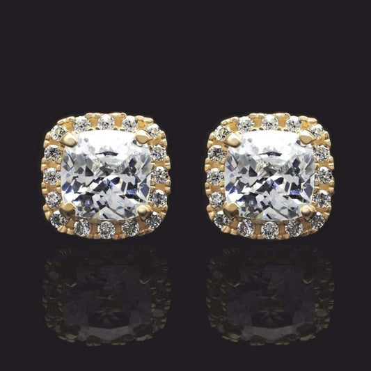 14K Yellow Gold 1.85Ct Cushion CZ Halo Stud Earrings 7mm