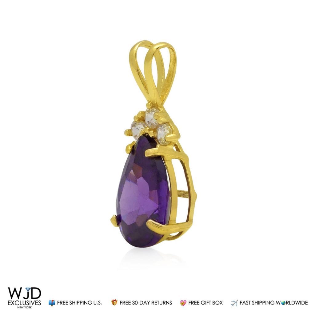 1.85TCW Round Diamond & Pear Shape Amethyst Charm Pendant 14k Yellow Gold 0.8"