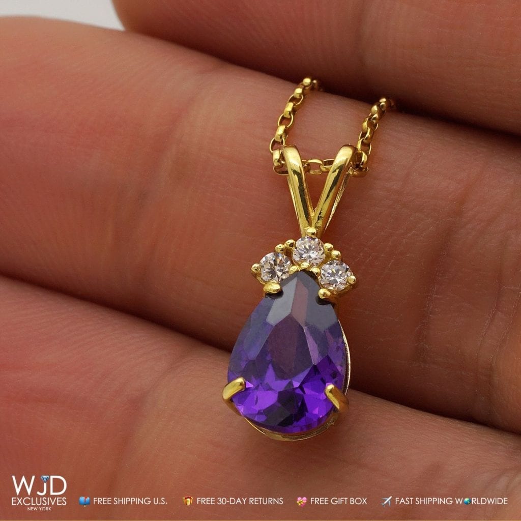 1.85TCW Round Diamond & Pear Shape Amethyst Charm Pendant 14k Yellow Gold 0.8"