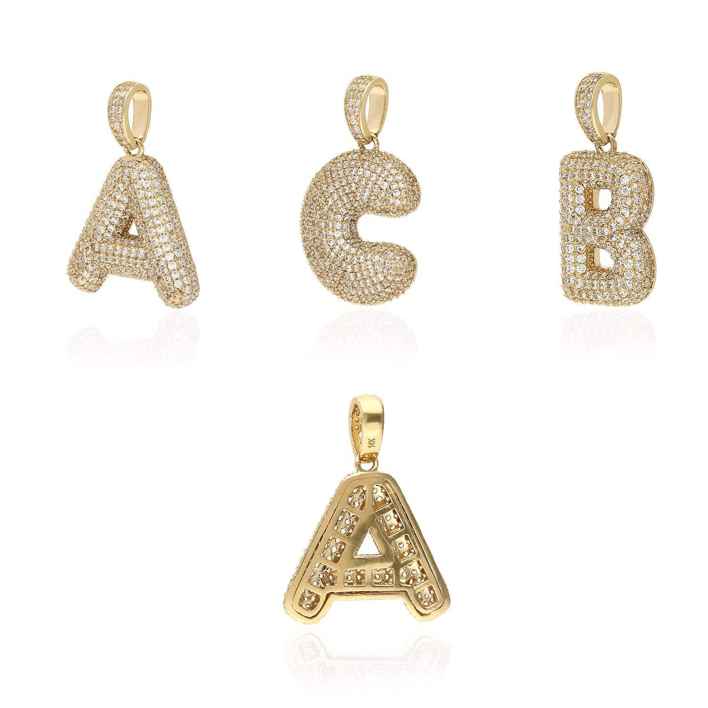 14K Real Gold CZ Bubble Letter Initial 1.2" Pendant A-Z