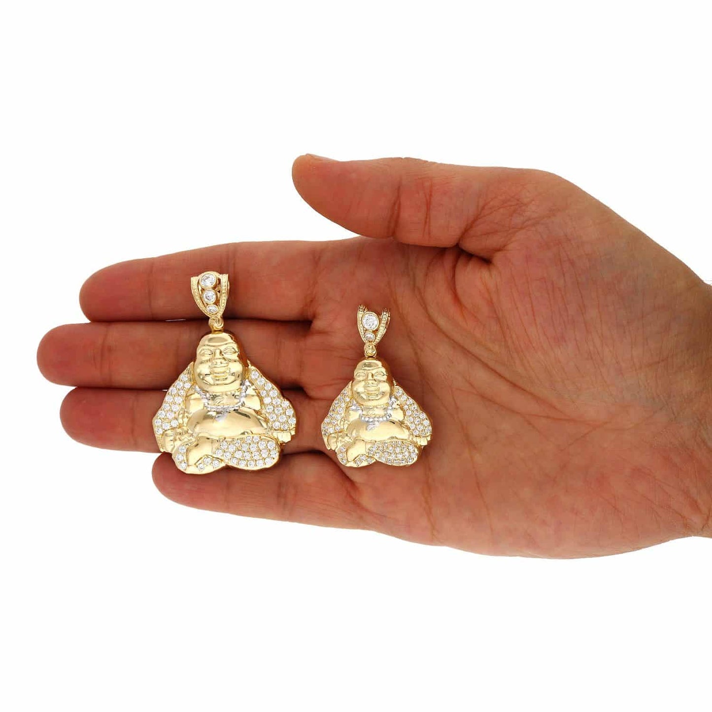 14K Solid Yellow Gold CZ Buddha Charm Pendant 1.65"-2.13"
