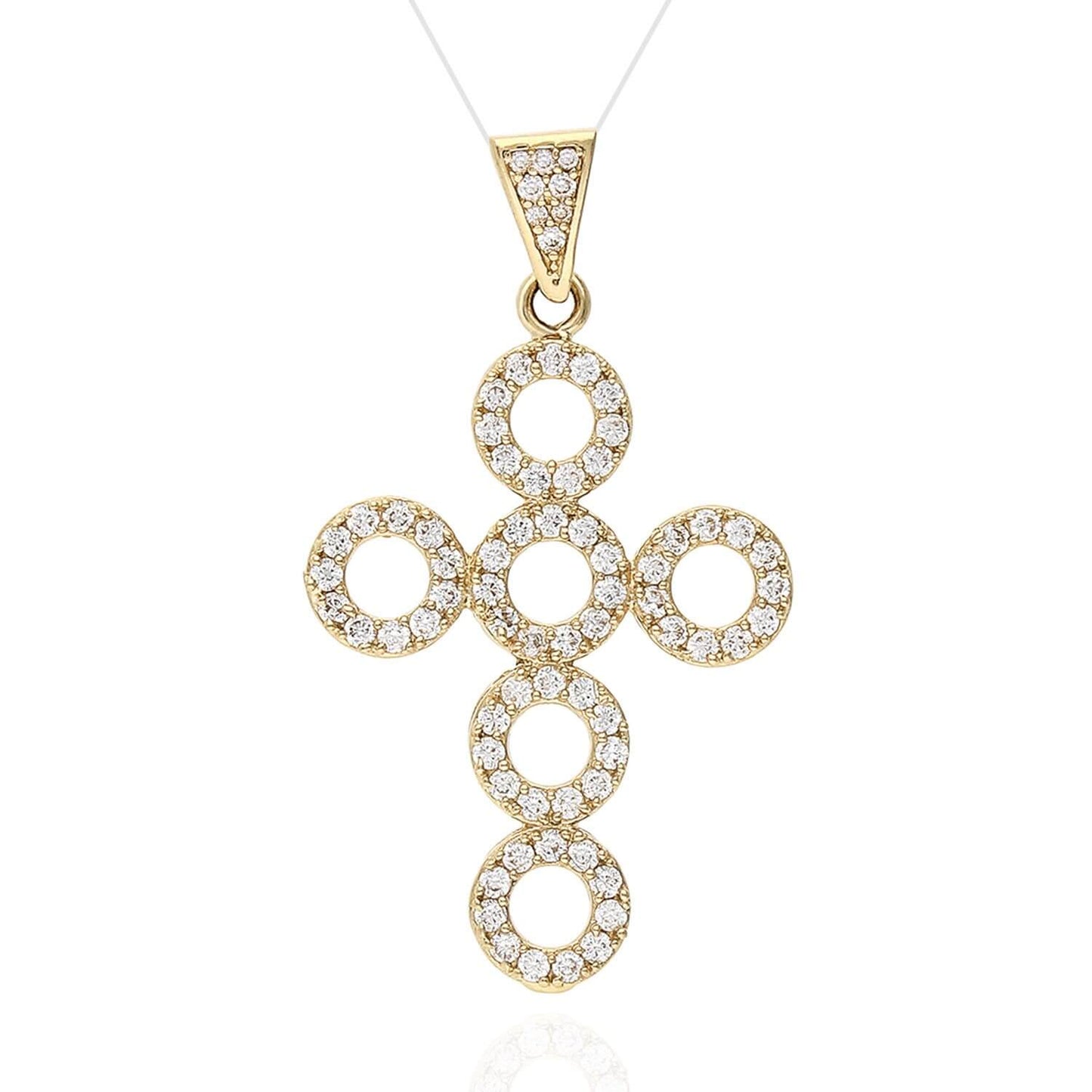 14K Yellow Gold Multi Circle 1.40Ct CZ Cross Pendant