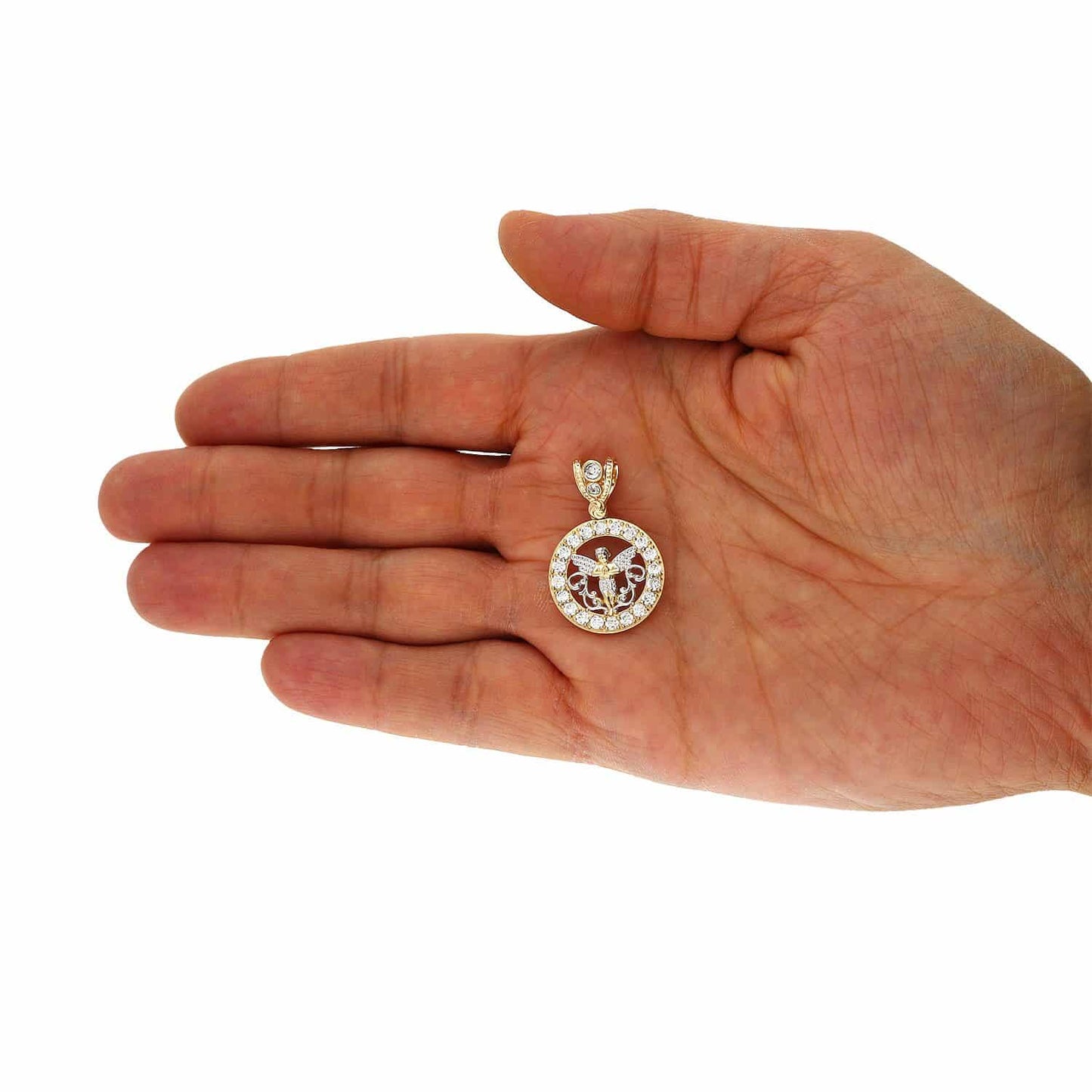 14K Solid Yellow 0.70Ct Created Diamond Angel Circle Pendant