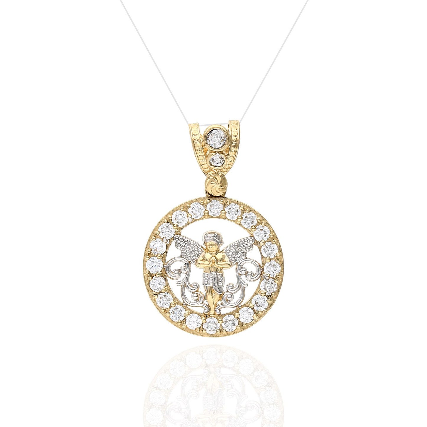 14K Solid Yellow 0.70Ct Created Diamond Angel Circle Pendant