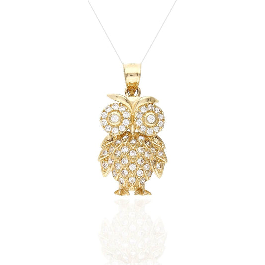 14K Yellow Gold 1.1CT CZ Accent Owl Pendant