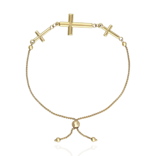 10K Yellow Gold 3 Sideways Cross Center Bracelet (Hollow) 5"-9" Adjustable