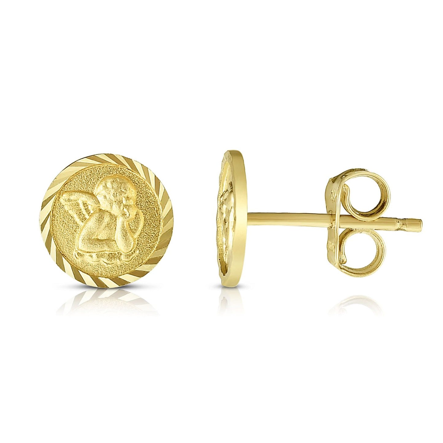 14K Gold Yellow 8mm Diamond Cut Round Angel Push Back Stud Earrings