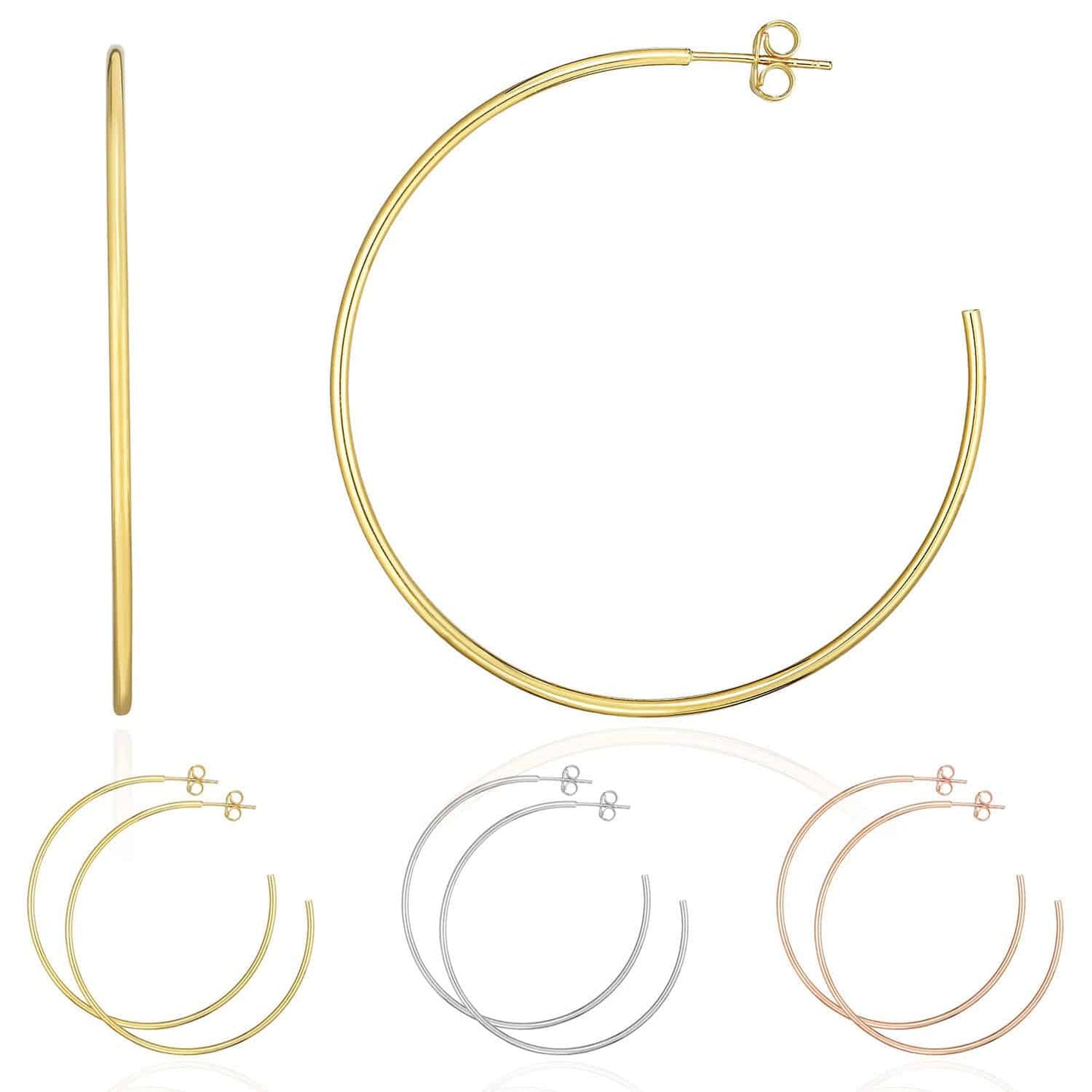 14K Yellow White Rose Gold 1.5mm x 50mm Push Back Half Hoop Earrings