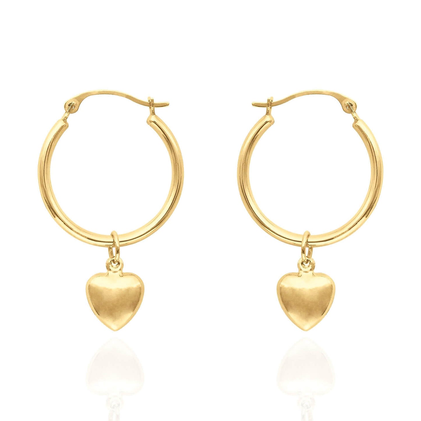 14K Yellow Gold Shiny Hoop With Small Puff Heart Earrings