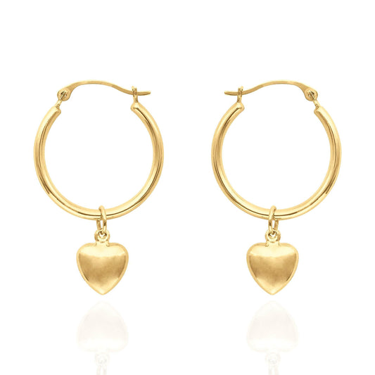 14K Yellow Gold Shiny Hoop With Small Puff Heart Earrings