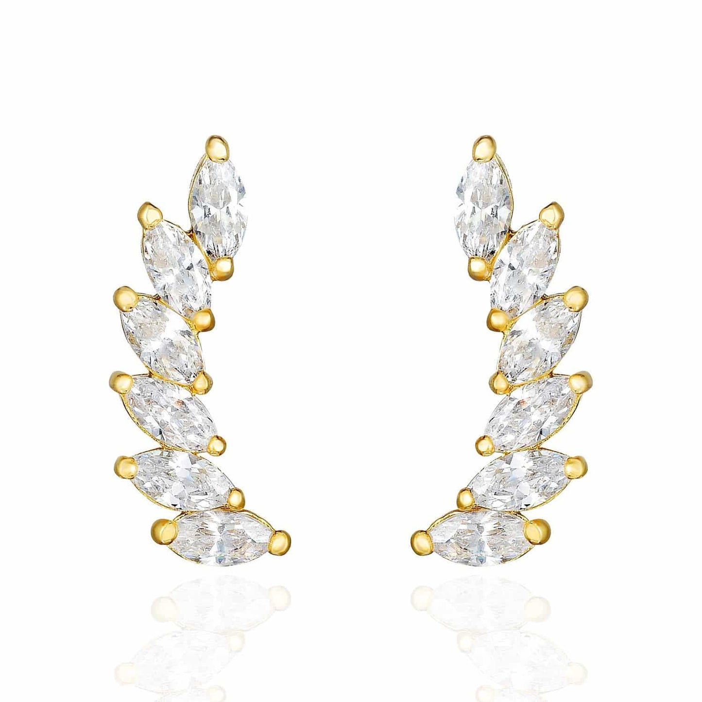 14K Yellow Gold 1.5CTW CZ 15mm Curved Climber Leaf Stud Earrings