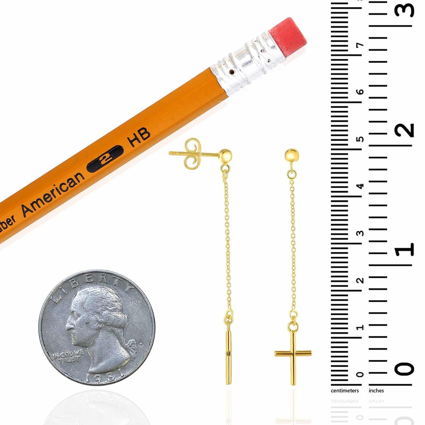 14K Real Gold 1.8" Cable Chain Shiny Drop Cross Earrings