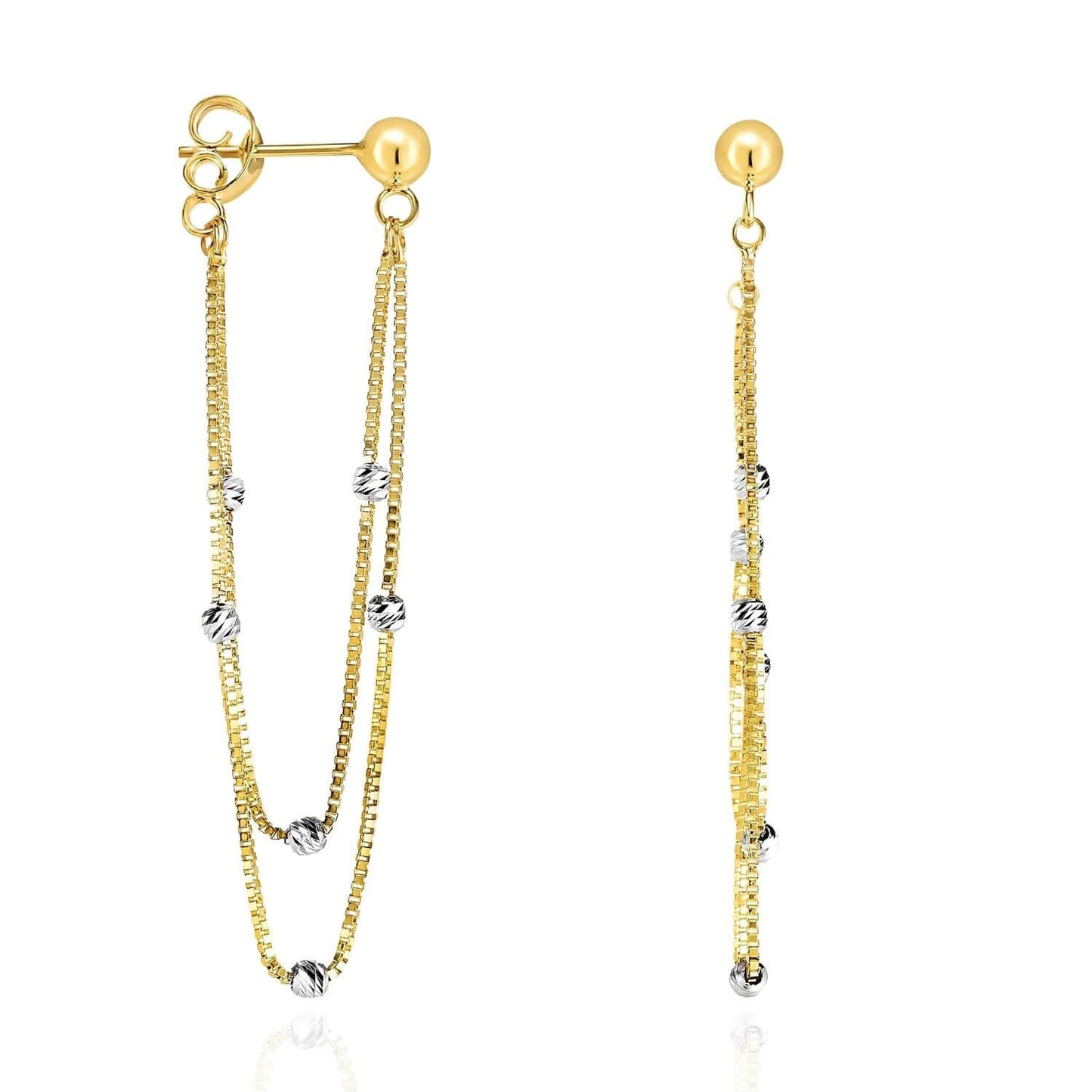 14K Yellow White Gold 48mm Box Diamond-Cut Beads Drop Push Back Earrings