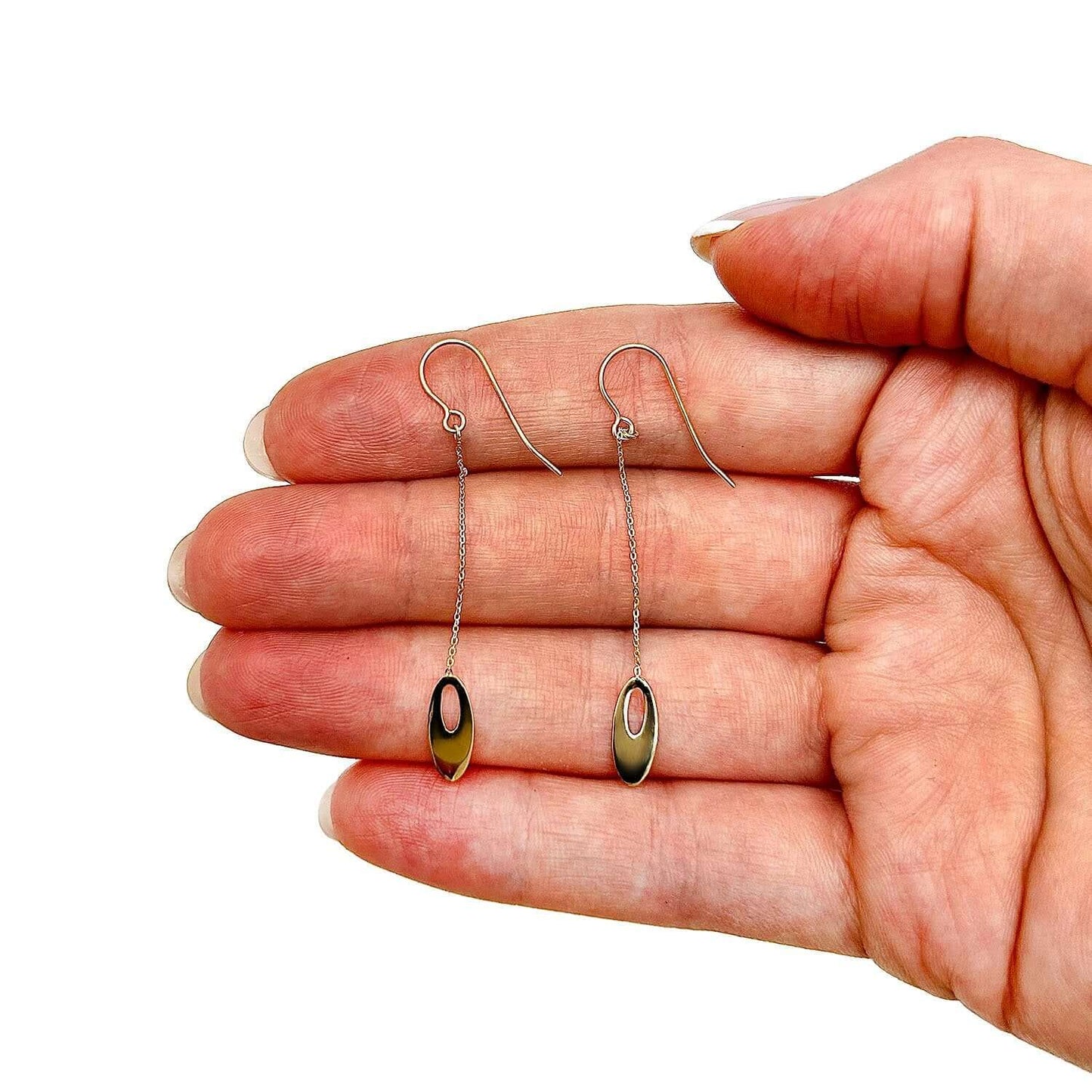 14K Yellow Gold Flat Graduated Oval Bead On Euro Wire Clasp Drop Earrings
