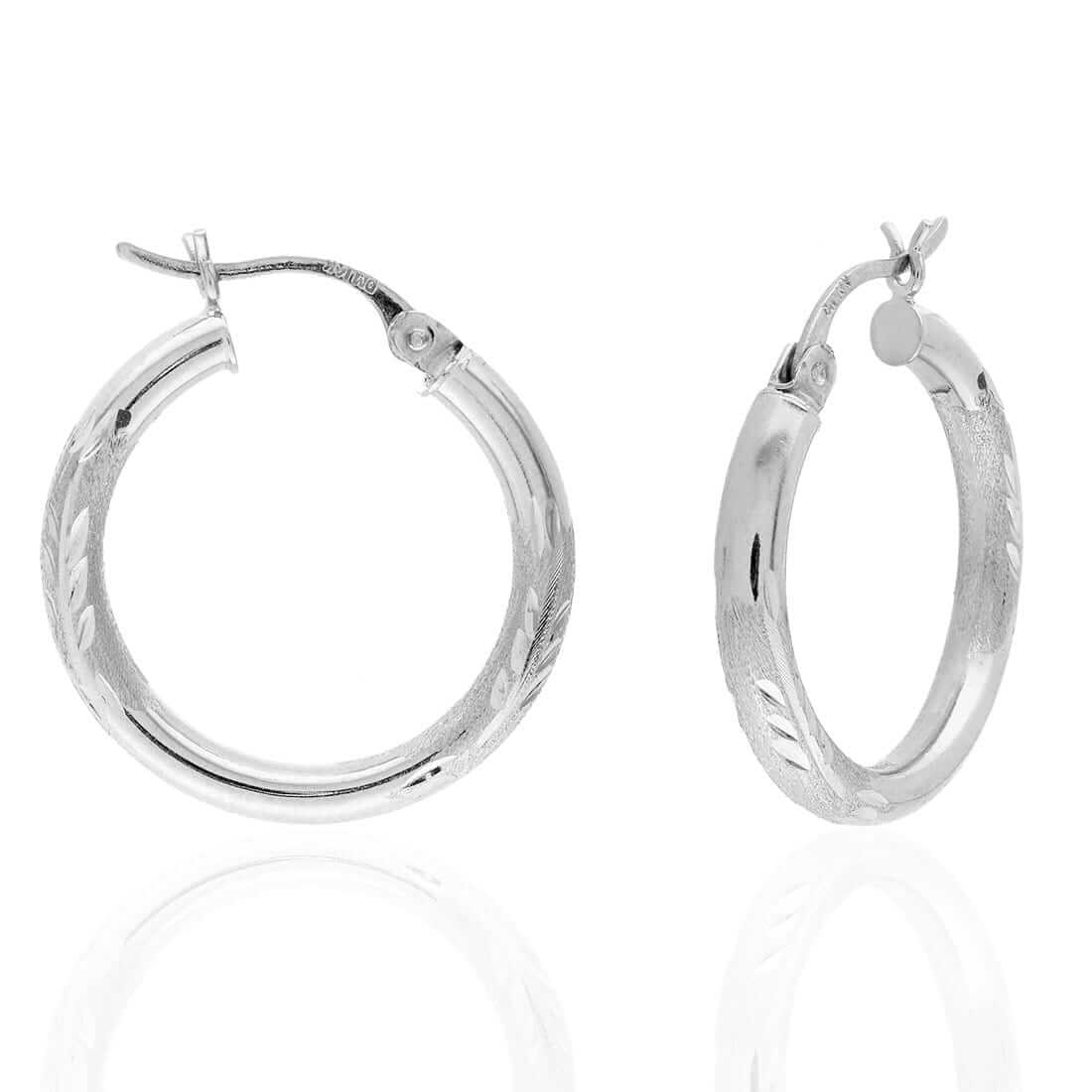 14K Solid Yellow & White Gold 3mm Diamond-Cut Finish Hoop Earrings 19-75mm